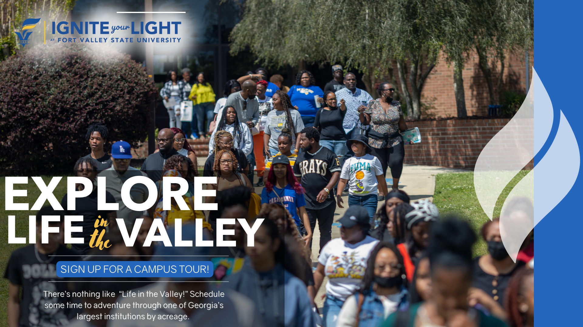 Students, families, and staff gather on a campus tour at Fort Valley State University